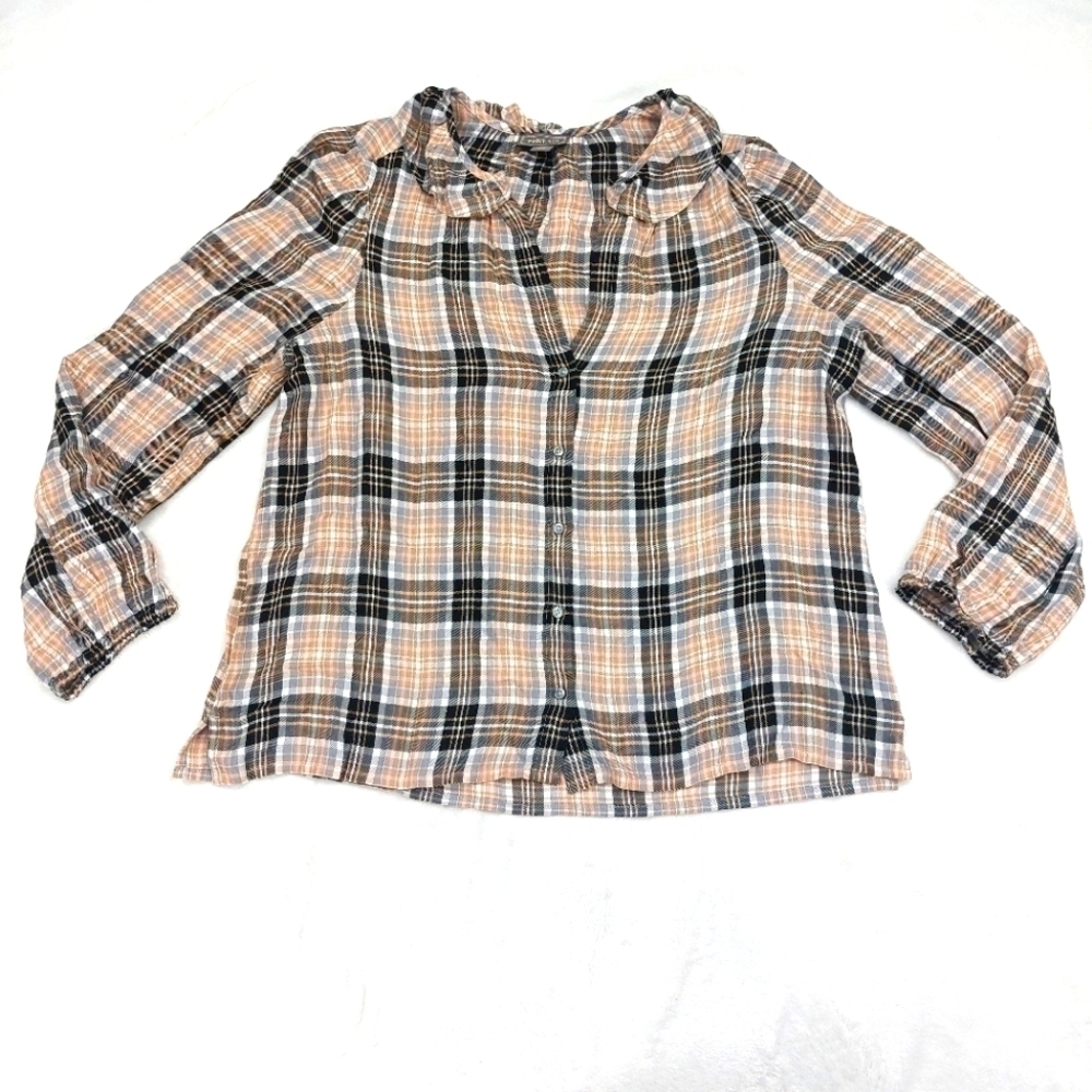 POINT SUR J. CREW WOMENS BROWN PLAID RUFFLE COLLAR BUTTON DOWN SHIRT SIZE MEDIUM